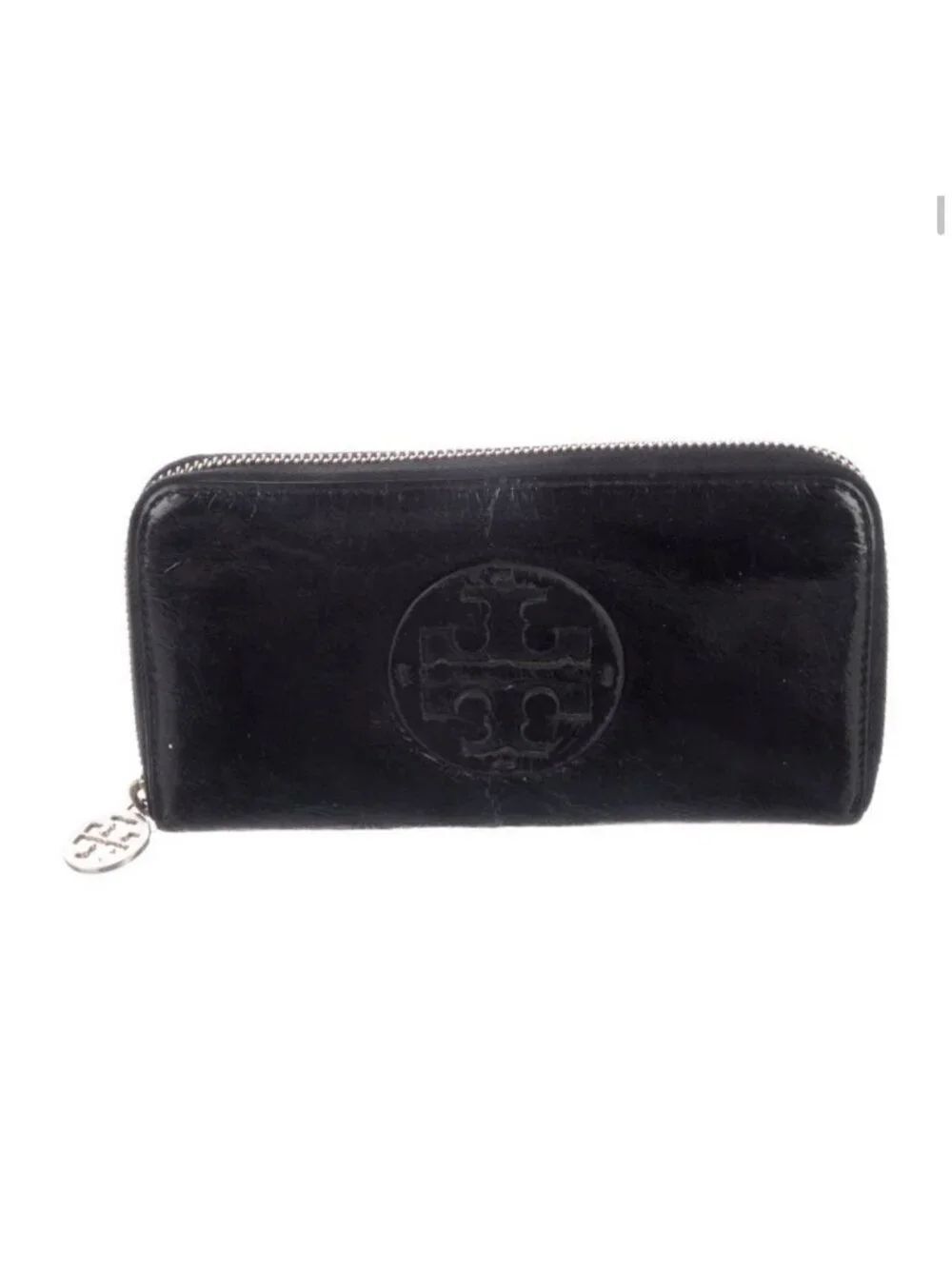 Tory Burch Authentic Solid Black Patent Leather Zip Around Wallet Continental